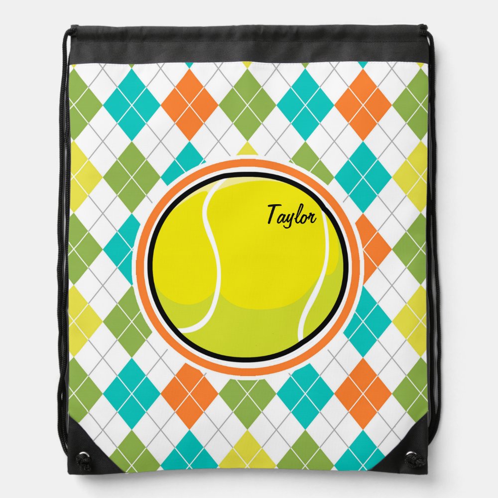 tennis ball on colorful argyle pattern drawstring bag - Tennis Gifts Shop