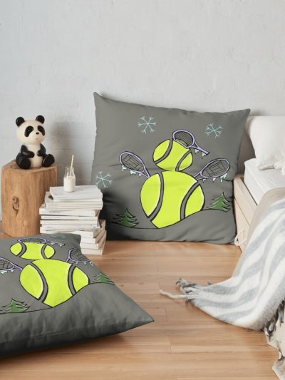 Tennis Ball Snowman With Tennis Rackets In Winter Throw Pillow Official Tennis Merch