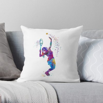 Tennis Girl Watercolor Painting Art Print Gifts Throw Pillow Official Tennis Merch