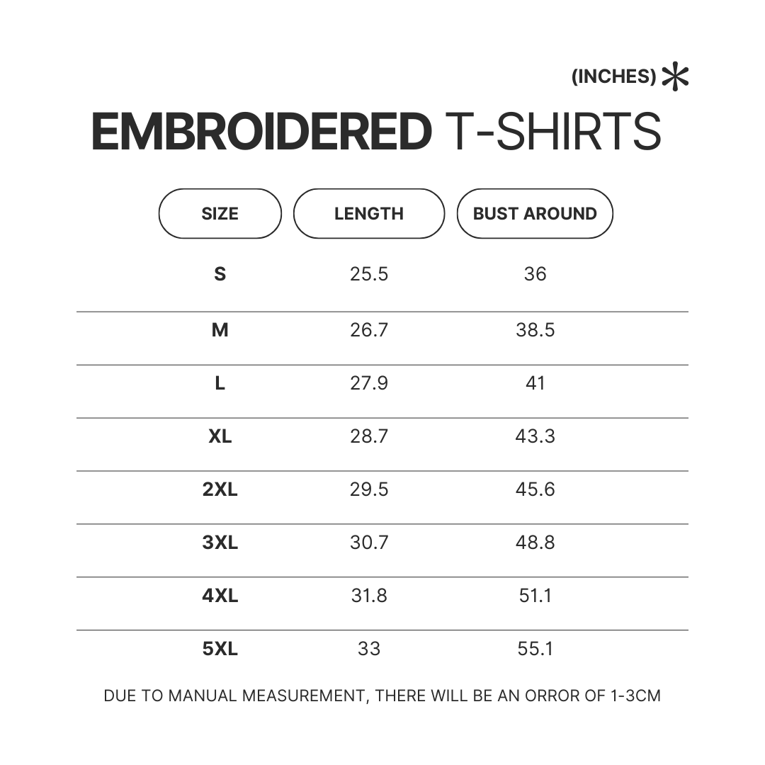 Embroidered T shirt Size Chart - Tennis Gifts Shop